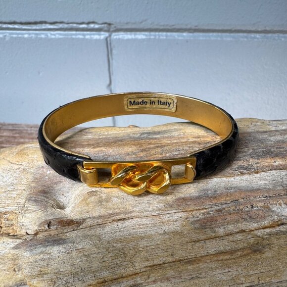 Vintage Made In Italy Black Leather & Gold Tone Knot Bracelet - Picture 1 of 5